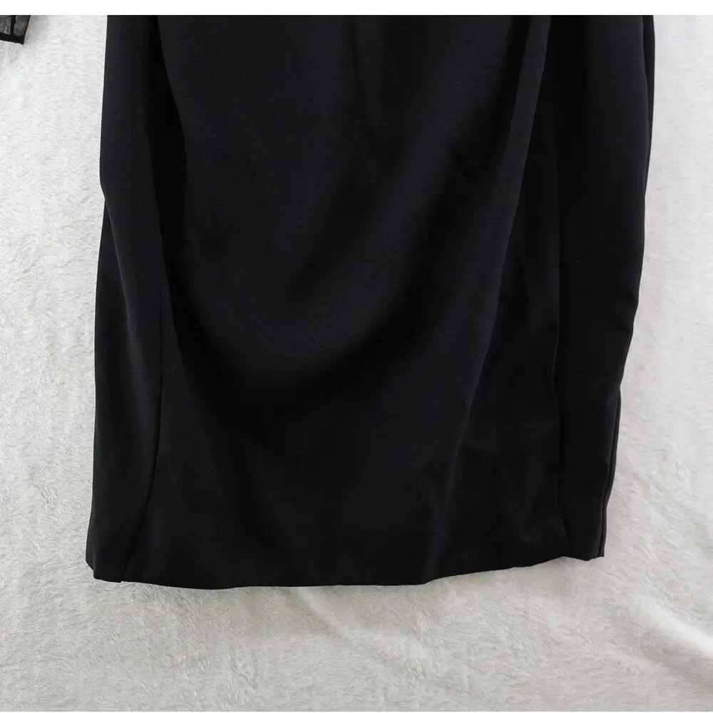 VTG J.R. Nites Wrap Dress USA Black Satin Sheer Sleeve Formal 80s 90s